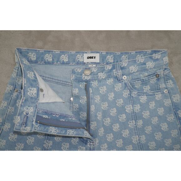 OBEY Monogram Denim Shorts Women’s 29 High Rise Blue Logo Print Streetwear Y2K - Picture 5 of 7